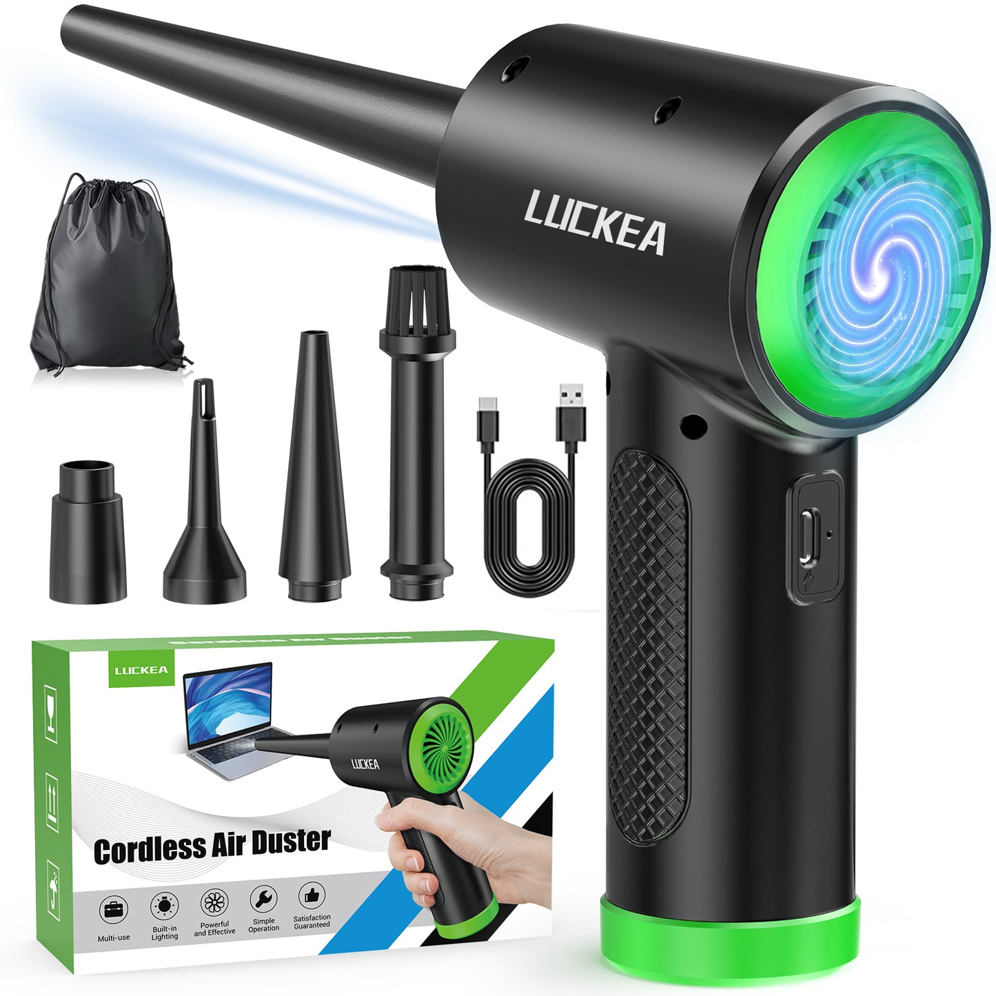 Souffleur Air Comprimé 3 Vitesses Souffleur PC - Mini Souffleur Voiture avec 6000 mAh Batterie, Lumière LED, Bombe Air Sec Nettoyage PC, Soufflette Air Comprimé Depoussierant Ordinateur, Air Duster