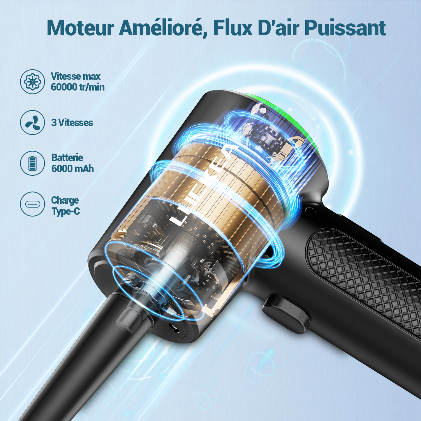 Souffleur Air Comprimé 3 Vitesses Souffleur PC - Mini Souffleur Voiture avec 6000 mAh Batterie, Lumière LED, Bombe Air Sec Nettoyage PC, Soufflette Air Comprimé Depoussierant Ordinateur, Air Duster